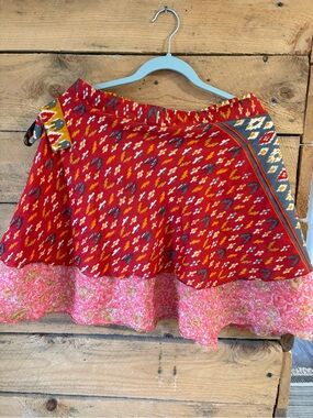 Boho Red Patterned Wrap Skirt with Pink Floral Hem silk